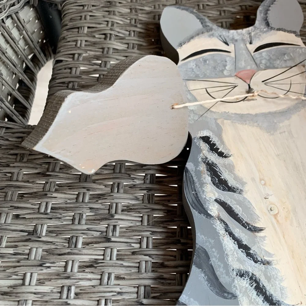 Vintage 90s Kitty Cat & Mouse Wall Hanger Handmade Wooden Folk Country Cottage